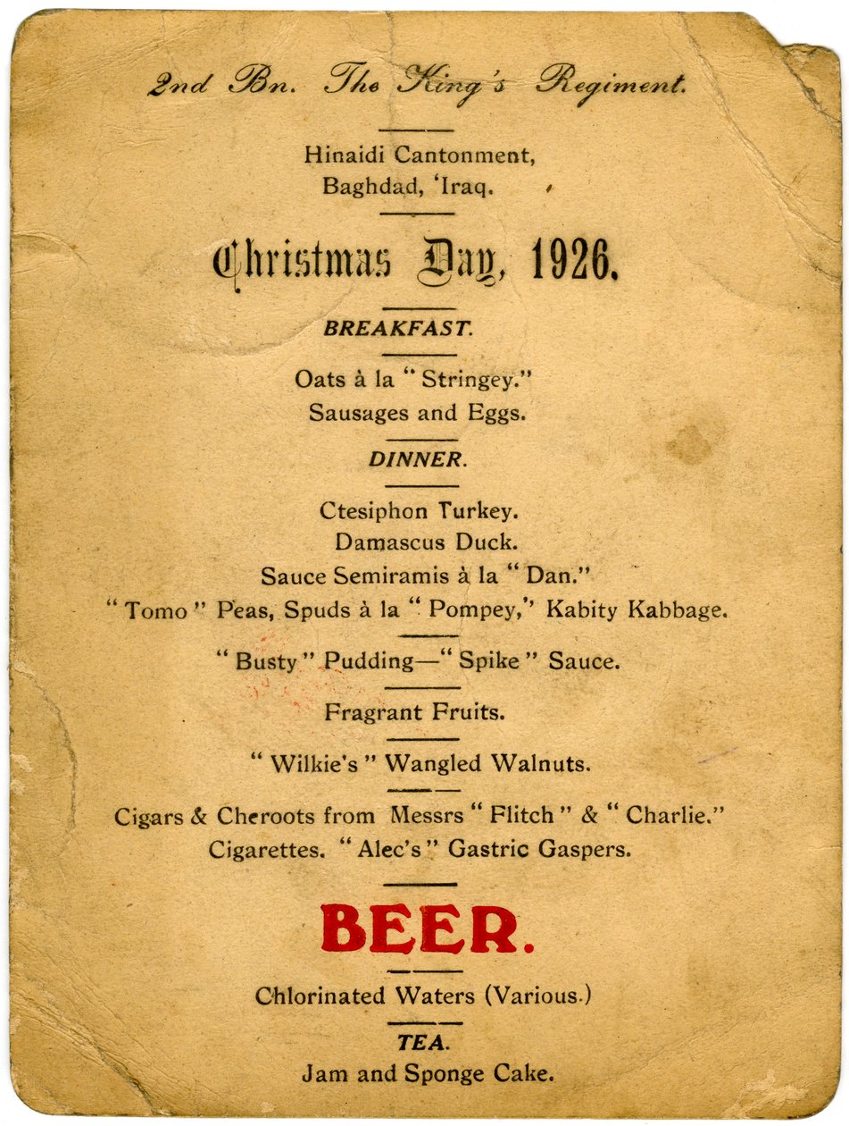 Štědrý den menu, 2. prapor Kings Regiment, Irák, 1926 od Unbekannt