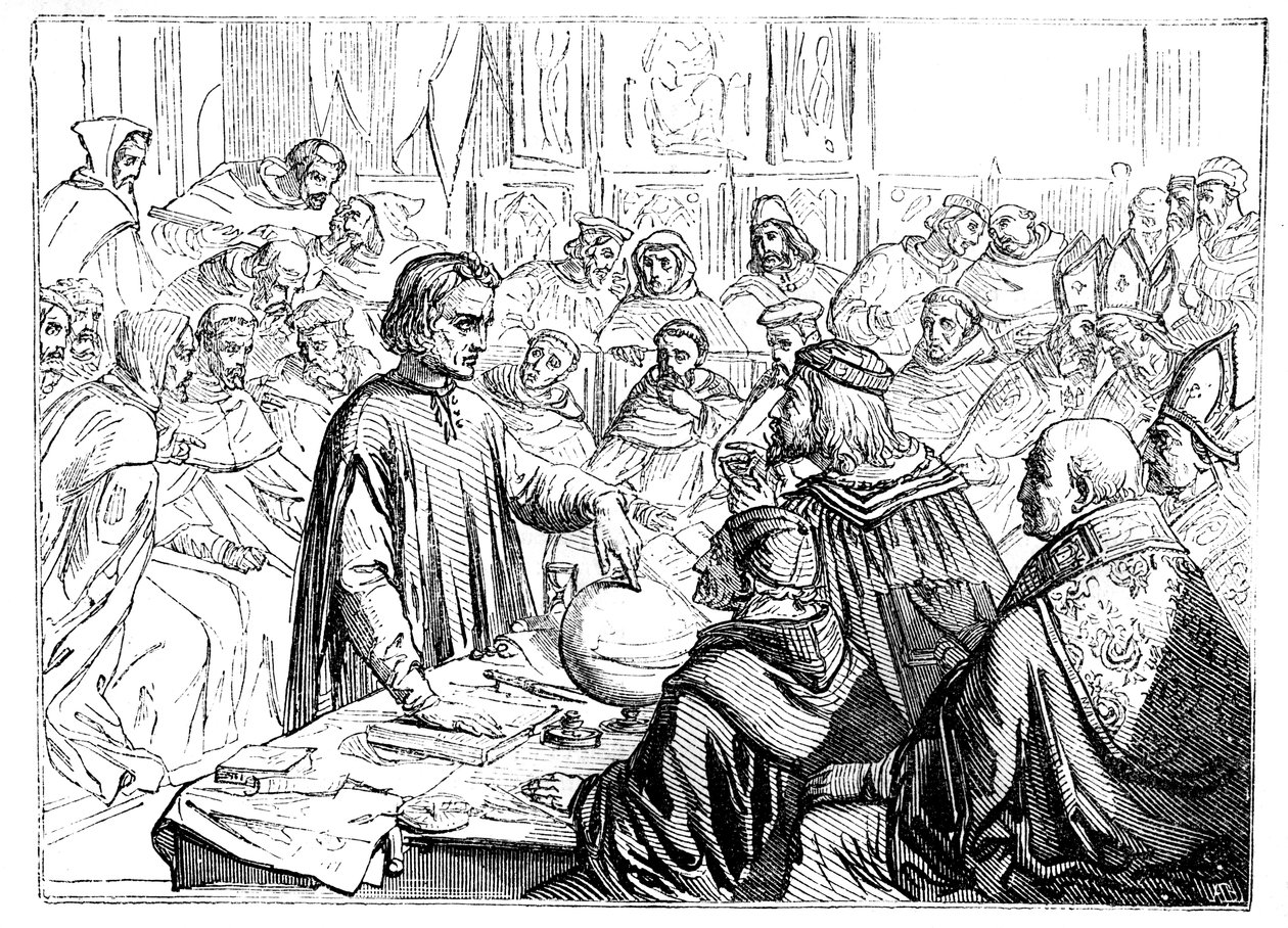 Kryštof Kolumbus před koncilem v Salamance, Španělsko, 1487 od Unbekannt
