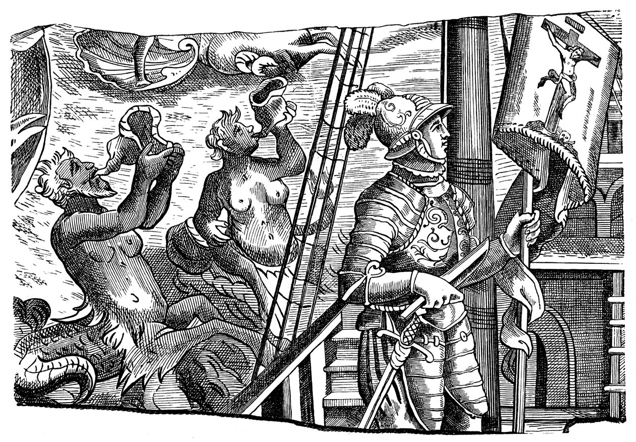 Christopher Columbus během své cesty do Ameriky, Engraving, c1500 od Unbekannt