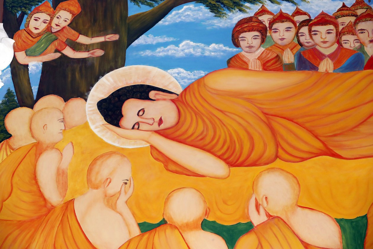 buddhistický chrám Chua Tu Quang. Malba ležícího Buddhy. Po 45 letech učení dharmy přešel Buddha do Parinirvany. Vung Tau. Vietnam. od Unbekannt