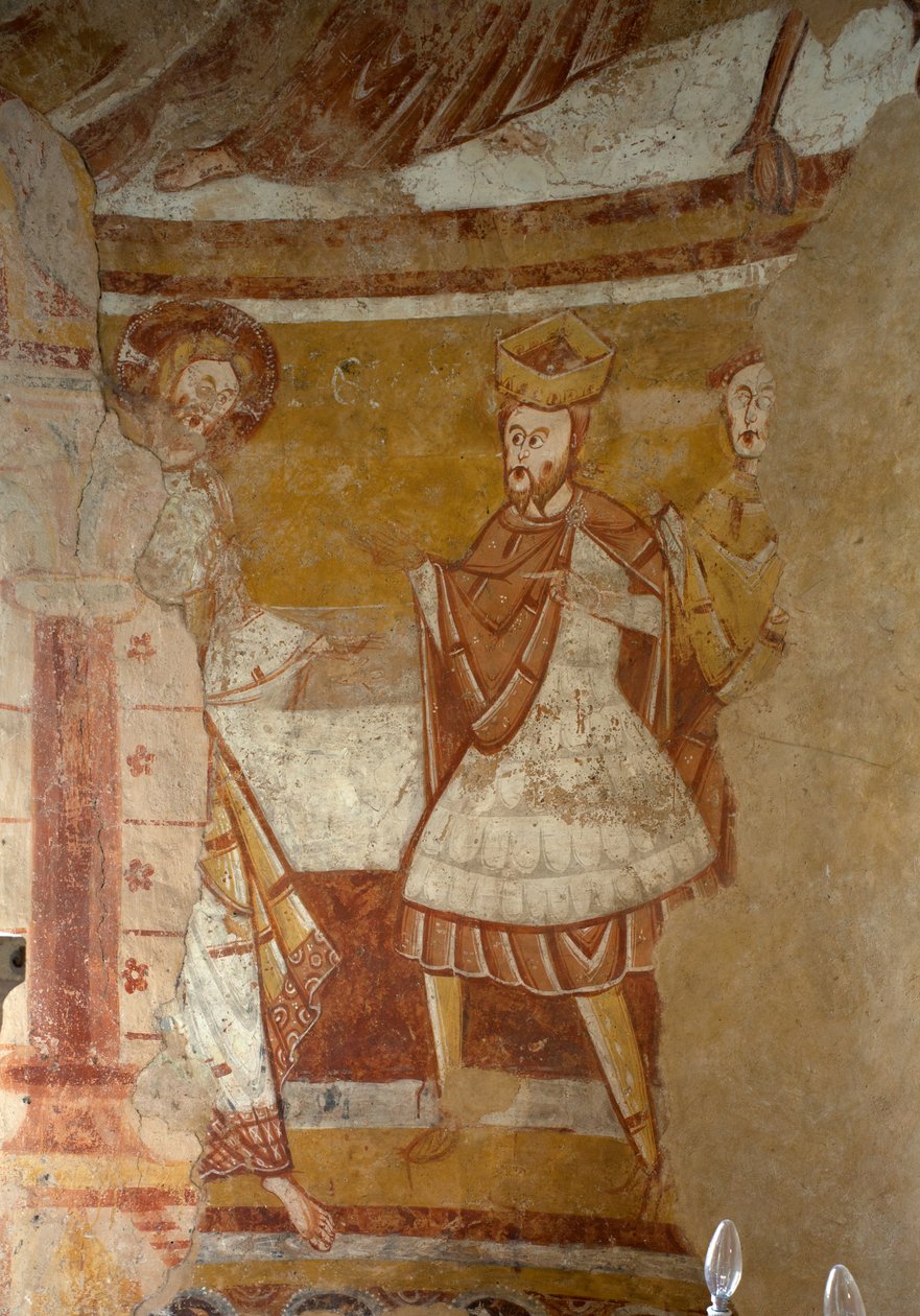 Kostel (Église Saint-Martin). Interiér. Apsida. Nástěnné malby (fresky). Detail. Ježíš na Herodově dvoře. 12. století. od Unbekannt