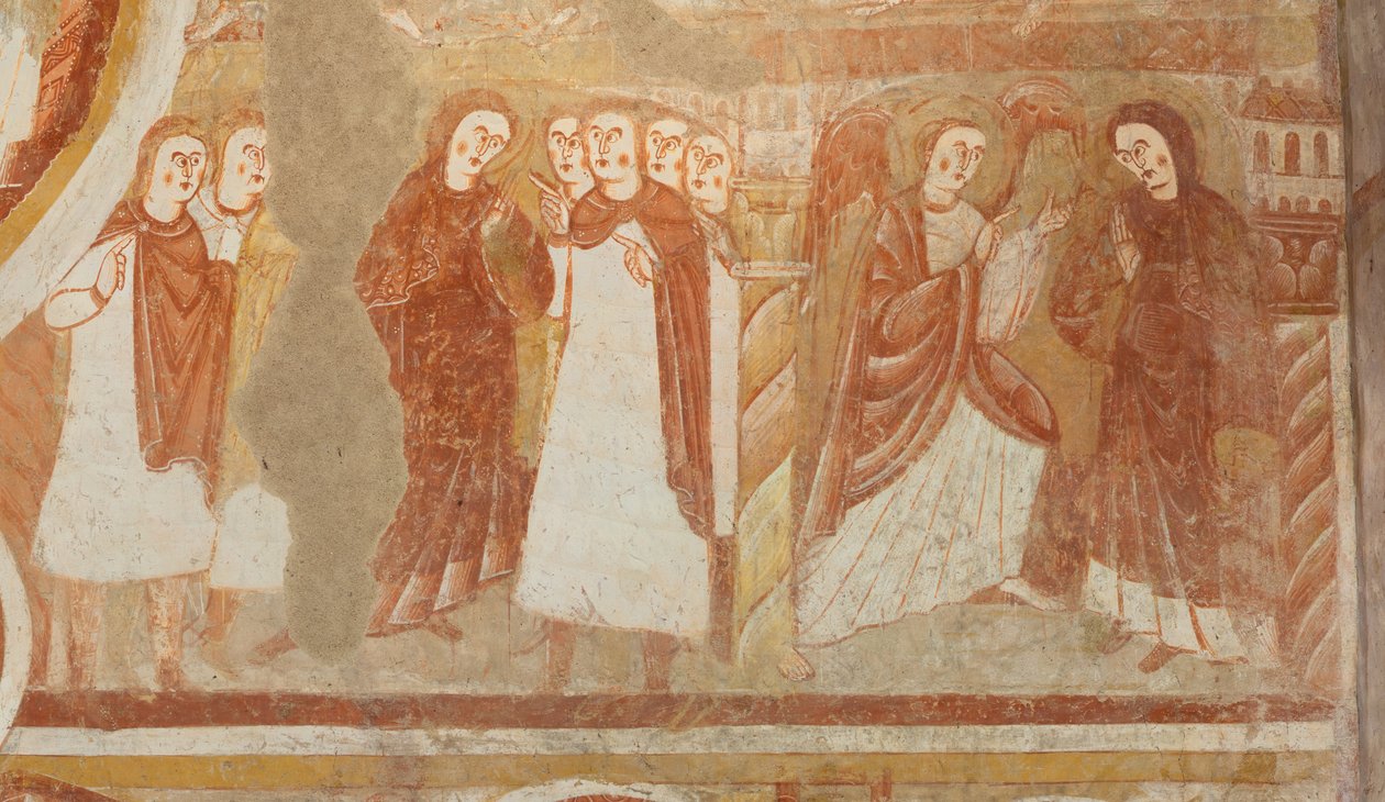 Kostel (Église Saint-Martin). Interiér. Nástěnné malby (fresky). Západní stěna lodi. Detail. Obvinění a zvěstování Panny Marie. 12. století. od Unbekannt