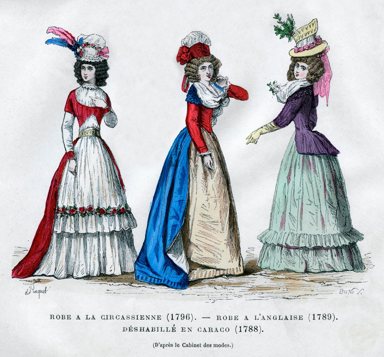 Circassian dress, 1796, English dress, 1789, and caraco housecoat, 1788 1882-1884 od Unbekannt