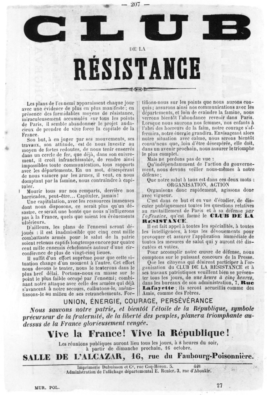 Club de la Resistance, z francouzských politických plakátů Pařížské komuny, květen 1871 od Unbekannt