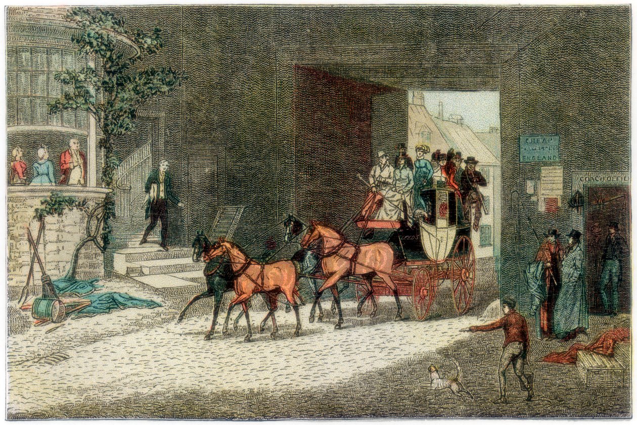 Trenér přijíždějící na dvůr hostince, 1890 od Unbekannt