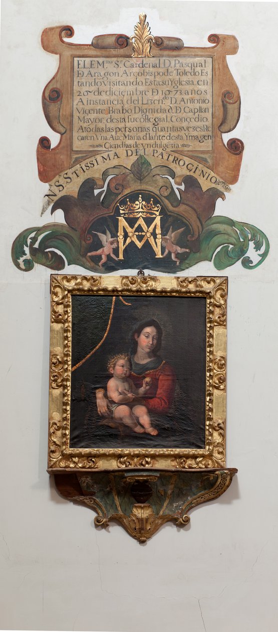 Kolegiátní kostel. Uvnitř. Malba Madony s dítětem, olej na plátně. Nástěnný obraz legendy (legenda o Panně Marii Patrociniové). od Unbekannt