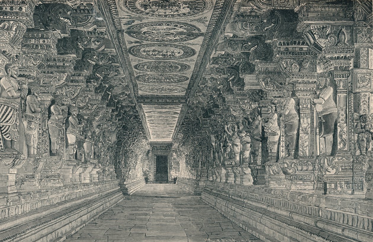 Kolonáda v interiéru hinduistického chrámu na ostrově Rameswaram jižní Indie, c1903, od Unbekannt