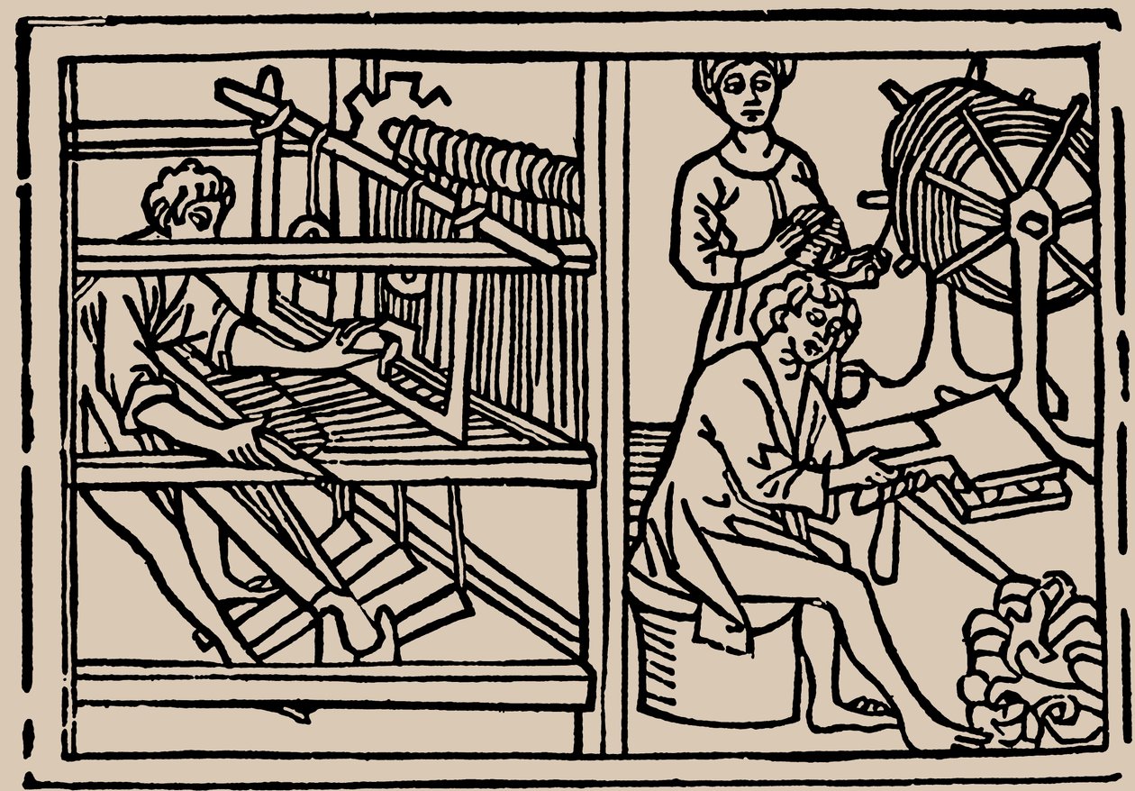 Česání, předení a tkaní vlny. Ze Speculum Vitae Humanae od Rodericus Zamorensis, 1479. od Unbekannt