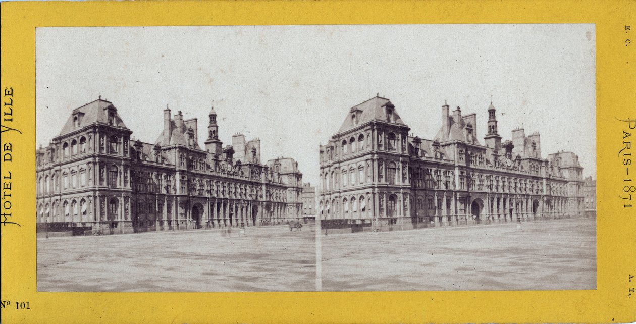 Pařížská komuna (1871): pohled na radnici. Anonymní fotografování. Tisk na karton Rozm. 17x7 cm od Unbekannt