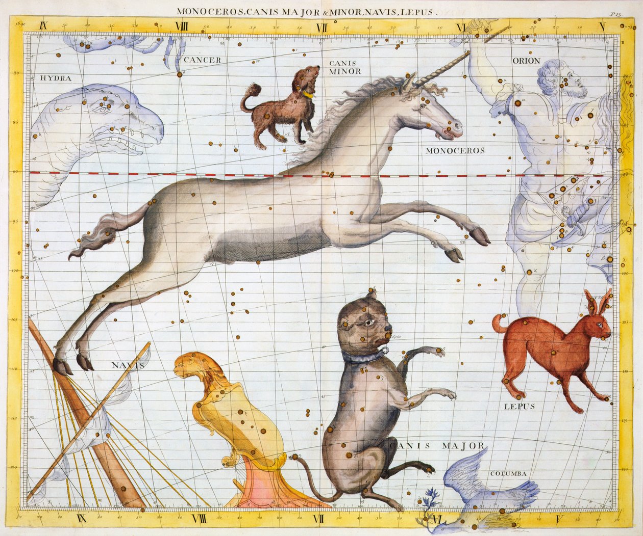 Souhvězdí Monoceros, Canis Major a Canis Minor, 1729 od Unbekannt