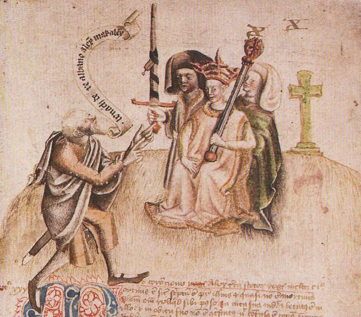 Korunovace krále Alexandra III na Moot Hill, Scone. Z rukopisu Scotichronicon od Walte od Unbekannt