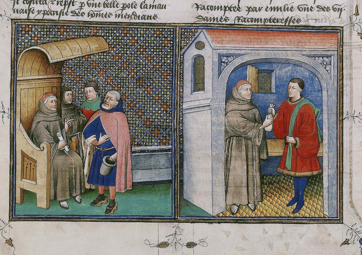 Korupce. Miniatura z knihy zvané Dekameron od Giovanniho Boccaccia, 60. léta 14. století. od Unbekannt