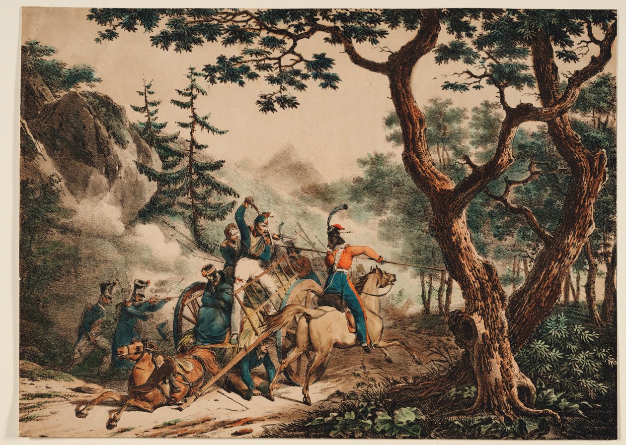 Kozáci útočící na francouzské vojáky v lese, 1825 od Unbekannt