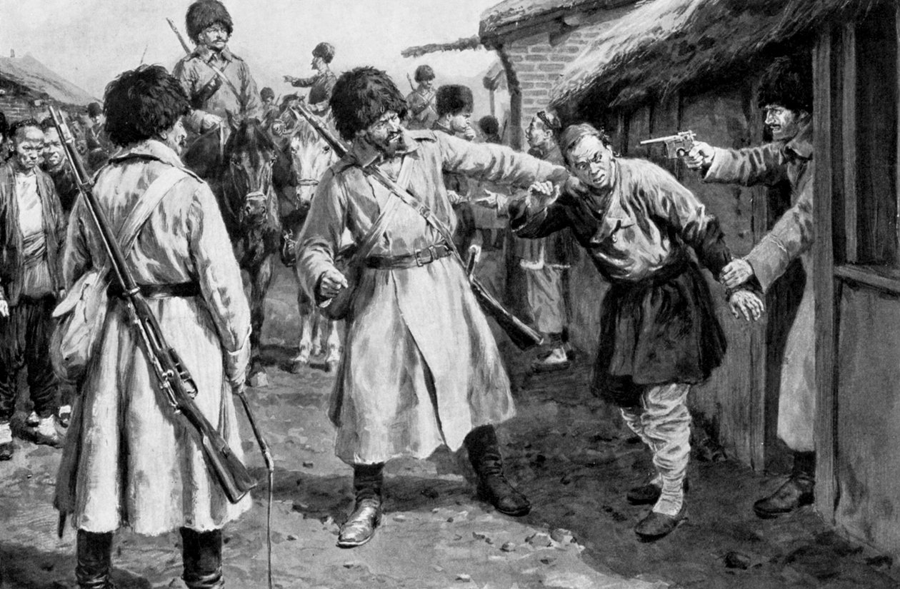 Kozáci hledající japonské špiony v mandžuské vesnici, rusko-japonská válka, 1904-5 od Unbekannt