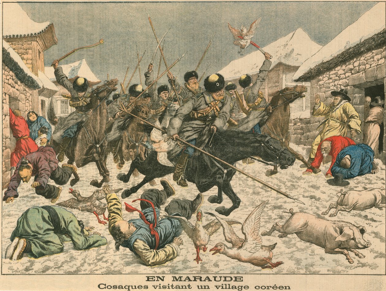Kozáci terorizující korejskou vesnici, rusko-japonská válka, 1904 od Unbekannt