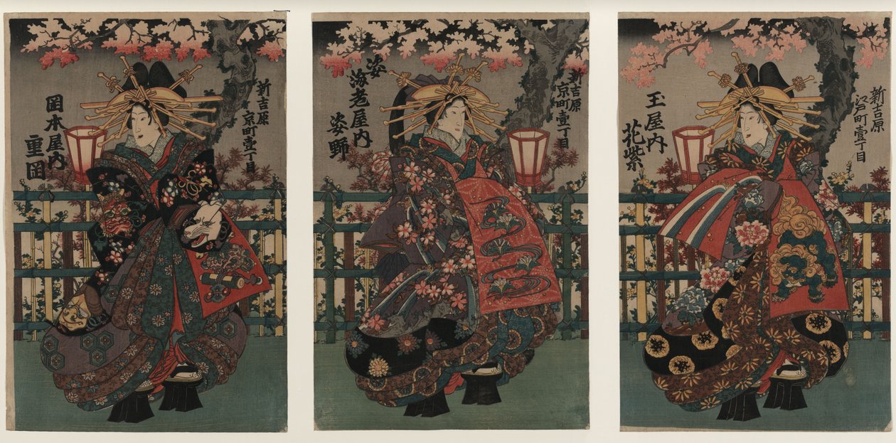 Kurtizány Shigeoka, Sugatano a Hanamurasaki. Triptych. Ze série Krásky Yoshiw od Unbekannt