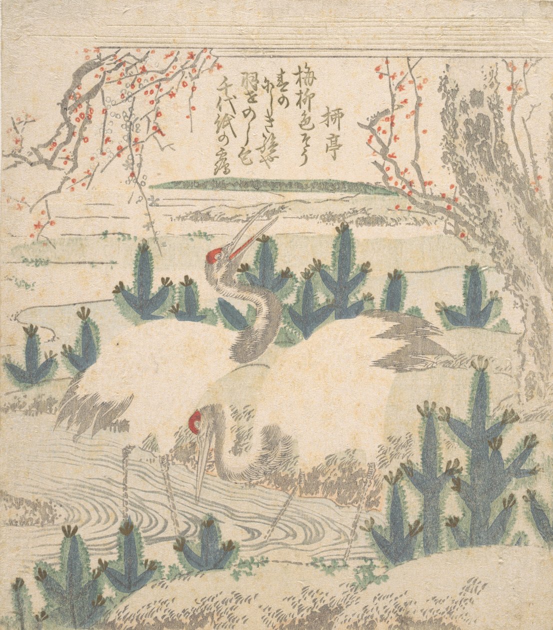 Jeřábi mezi mladými borovicemi poblíž potoka, ca. 1830. od Unbekannt