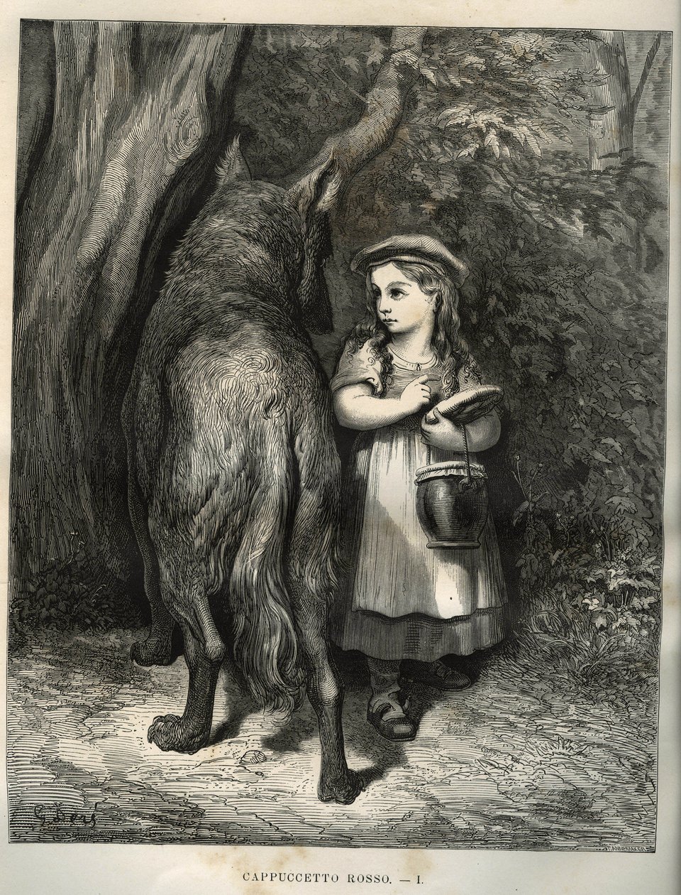 Při přechodu přes les se červená karkulka setká s vlkem. Rytina od Gustava Dore (1832-1883) z „“Les contes““ od Charlese Perraulta (1628-1703) od Unbekannt