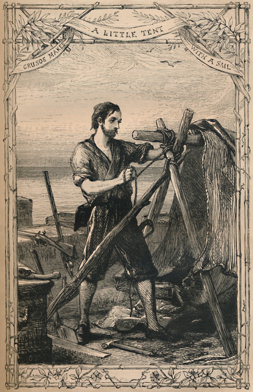 Crusoe dělá malý stan s plachtou, c1870 od Unbekannt