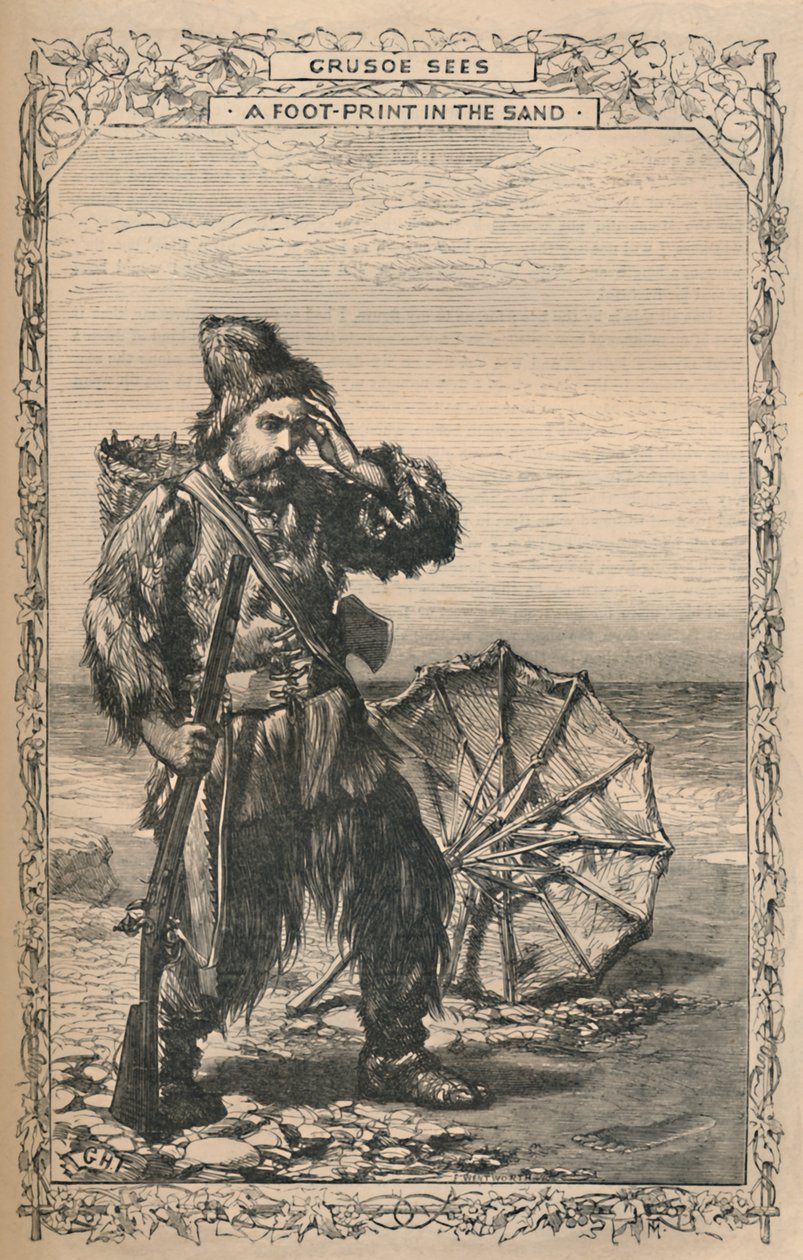 Crusoe vidí stopu v písku, c1870 od Unbekannt