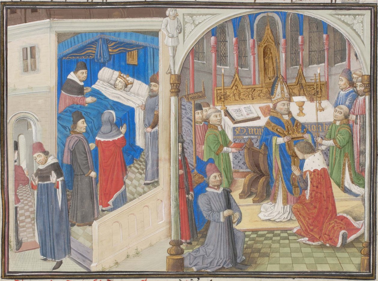 Smrt Amalricha I. Jeruzalémského. Korunovace Balduina IV. Miniatura z Historia od Viléma z Tyru, 60. léta 14. století od Unbekannt