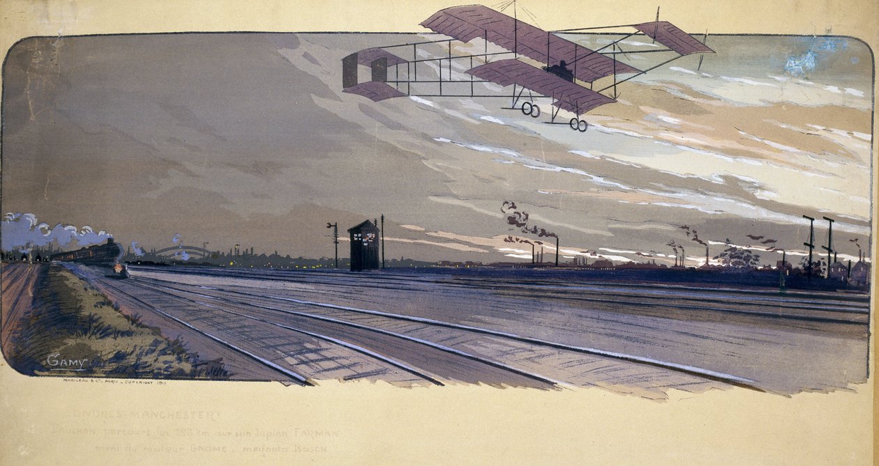 Začátek letectví: Louis Paulhan (1884-1963) přelétával železniční trať na palubě svého dvouplošníku během 300 km dlouhého závodu na přímé lince Londýn/Manchester ve dnech 27. a 28. dubna 1910 od Unbekannt