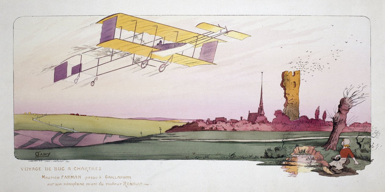Začátek letectví: Maurice Farman (1878-1964) ve svém dvouplošníku vybaveném motorem Renault během závodu „Voyage de Bac a Chartres“, kolem roku 1910 od Unbekannt