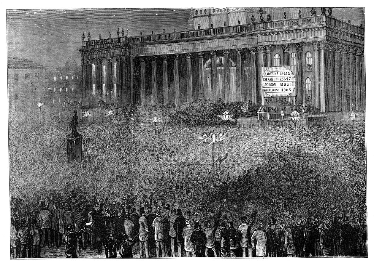 Vyhlášení výsledku průzkumu během všeobecných voleb, Leeds, West Yorkshire, 1880 od Unbekannt