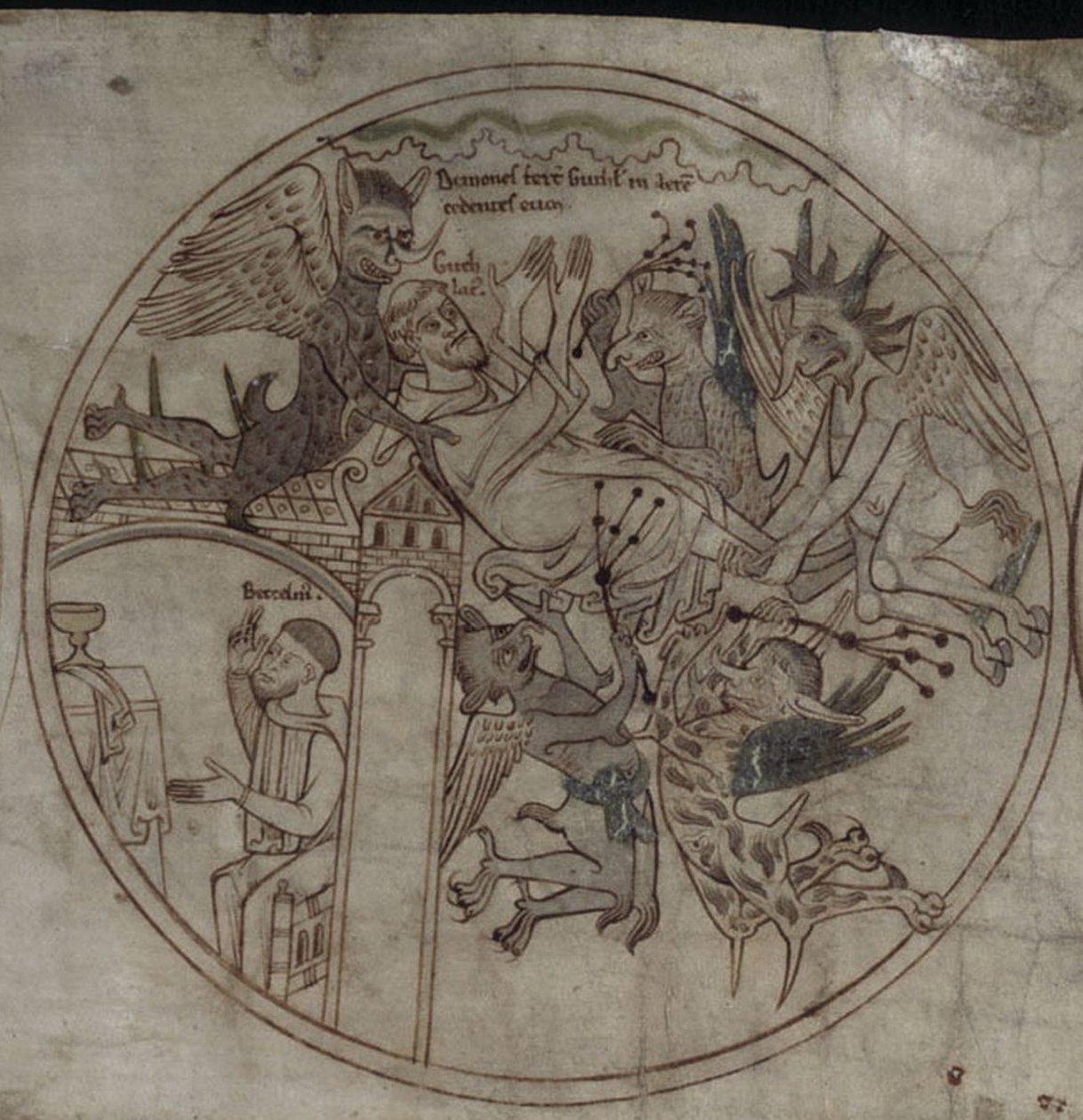 Démoni útočí na Guthlac Rukopis Život svatého Guthlaca, počátek 12. století od Unbekannt
