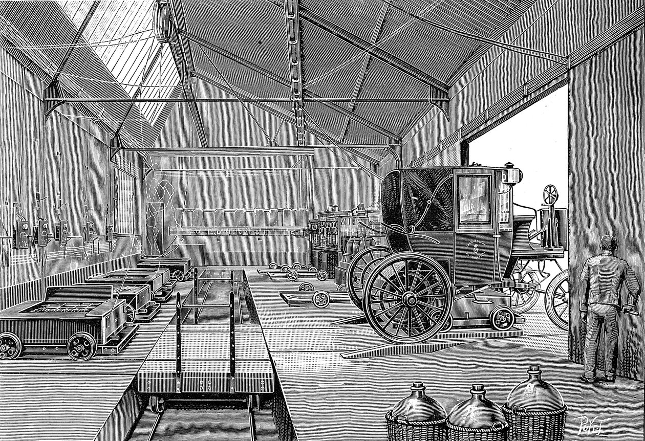 Depo, kde byly elektricky poháněné pařížské kabiny vybaveny čerstvě nabitými bateriemi, 1899 od Unbekannt