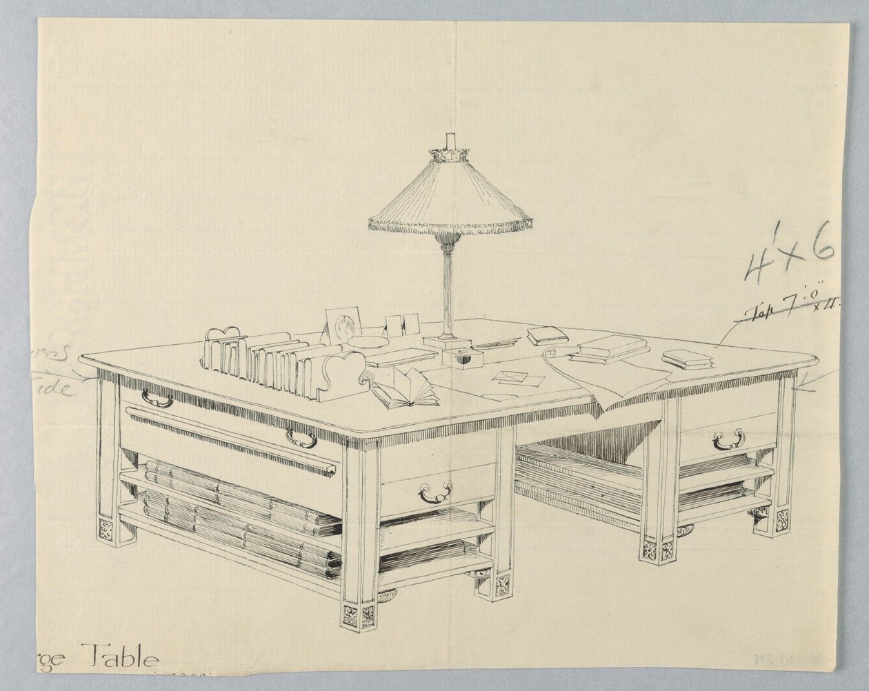 Design pro masivní knihovní úložný stůl se dvěma otevřenými policemi na obou stranách, 1900–05 od Unbekannt