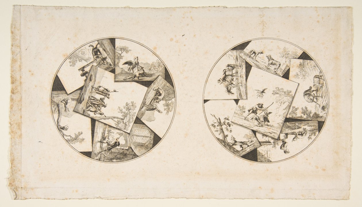 Návrhy talířů převzaté z ilustrací Audrys do La Fontainových bajek, po roce 1755. od Unbekannt