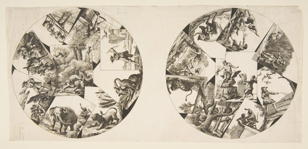 Návrhy talířů převzaté z ilustrací Audrys do La Fontainových bajek, po roce 1755. od Unbekannt