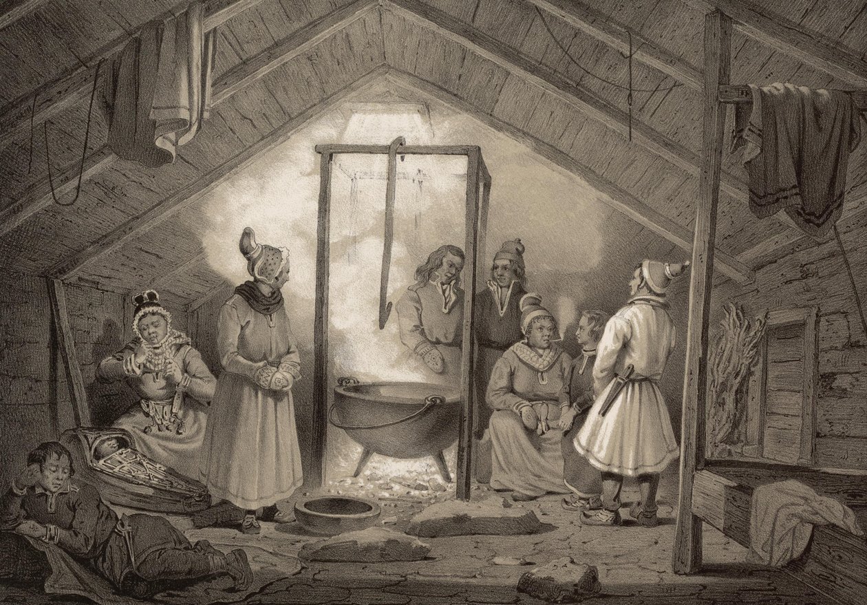Interiér statku ve Finnmarku. Ilustrace převzata z knihy Norsko vyrobené v Drawings od Asbjørnsen, P.Chr. a vydal Chr. Tønsberg (č. 1848) Nedělně oblečená Sami v obývacím pokoji. «Dřevěné chatrče (...) se vyskytují jen výjimečně, v Sölapperne od Unbekannt