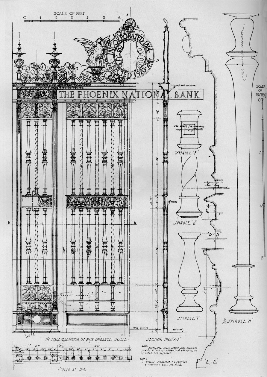 Detailní výkres mříže hlavních vstupních dveří, Phoenix National Bank, 1924 od Unbekannt