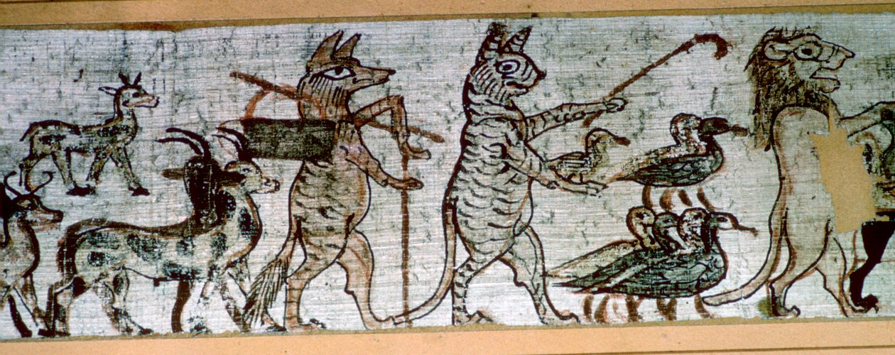 Detail z egyptského „satirického papyru“ lišky hrající na dýmky a vedoucí kozy a kočky od Unbekannt