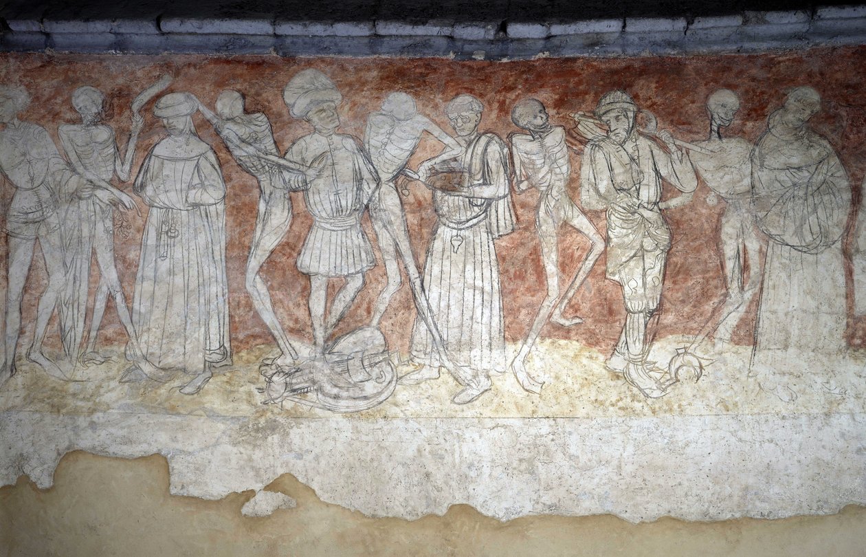 Detail fresky znázorňující Dance Macabre, nd. Kostel svatého Roberta v La Chaise Dieu (Chaise-Dieu, Haute Loire). od Unbekannt