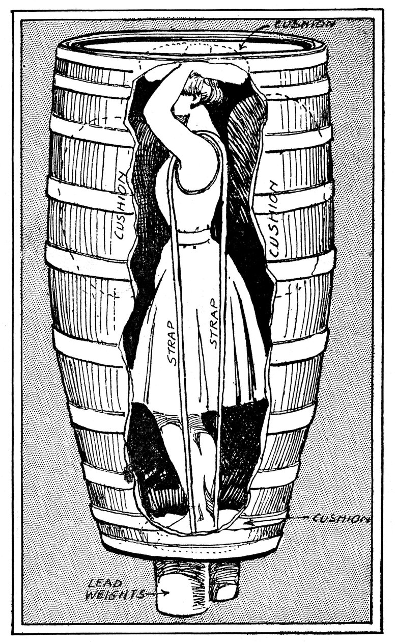 Diagram paní Anne Edson Taylorové v sudu, ve kterém se vrhla přes Niagarské vodopády, 1901 od Unbekannt