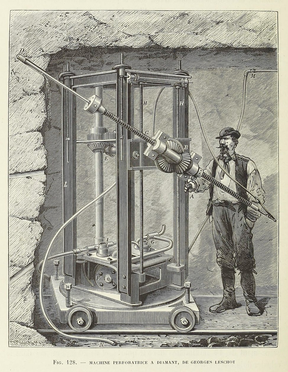 Diamond Drilling Machine navrhl Georges Leschot, pub. 1883 rytina, 1883. od Unbekannt