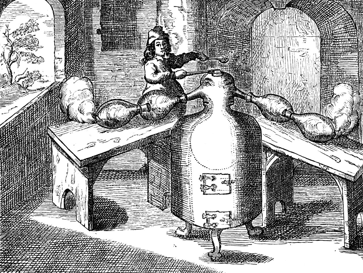 Destilace kyseliny dusičné Aqua fortis neboli dělící kyselina v železném muži se dvěma nosy, 1689 od Unbekannt