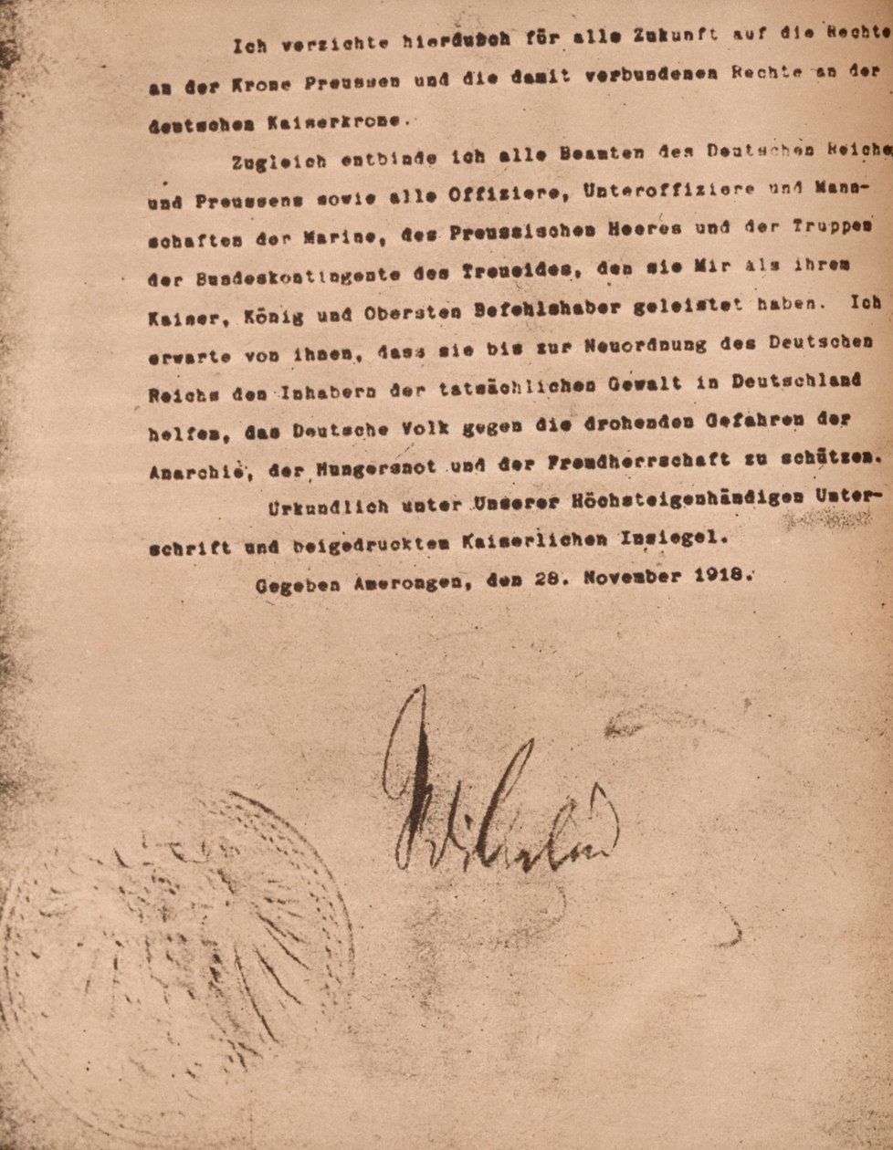 Dokument potvrzující abdikaci německého císaře Viléma II., 9. listopadu 1918 1935. od Unbekannt