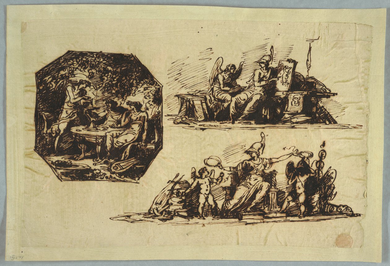 Kresba, Bacchus, Apollo a Mnemosine; Minerva s trofejemi od Unbekannt