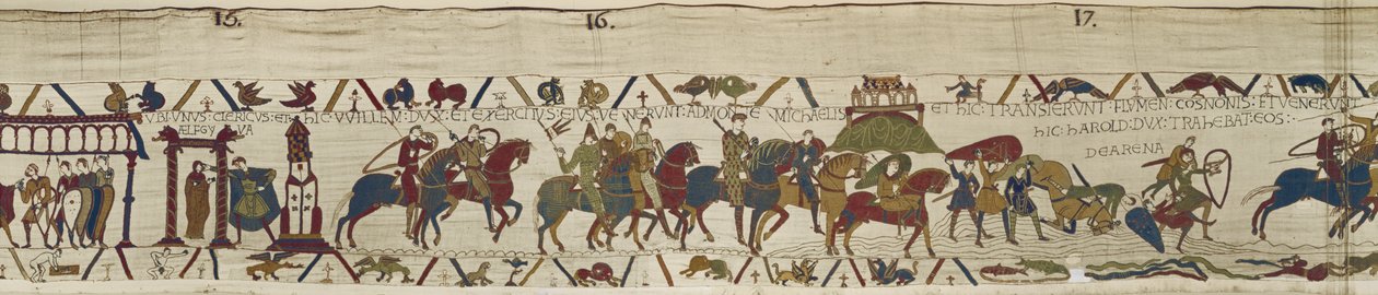 Vévoda William vede svou armádu do Bretaně, kde Harold statečně vyprošťuje vojáky z tekutého písku, Bayeux Tapestry (vlněná výšivka na plátně) od Unbekannt