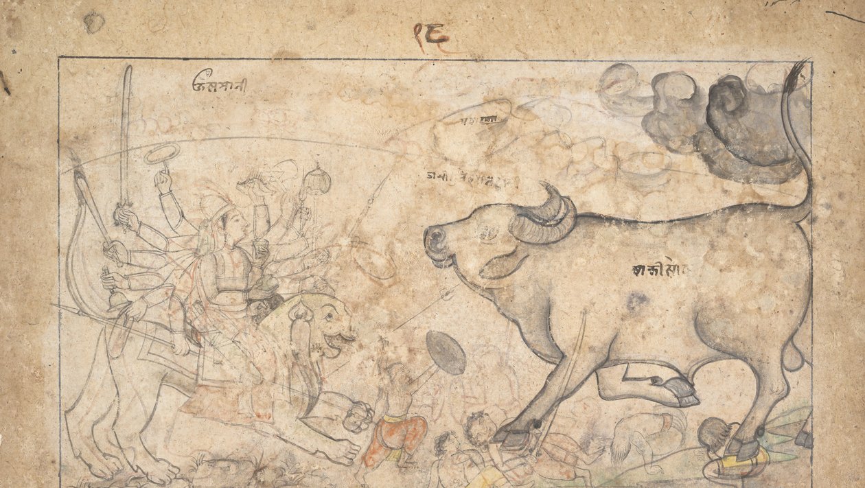Durga čelí Buffalo Demon Mahisha: Scéna z Devi Mahatmya, Ka. 1780. od Unbekannt