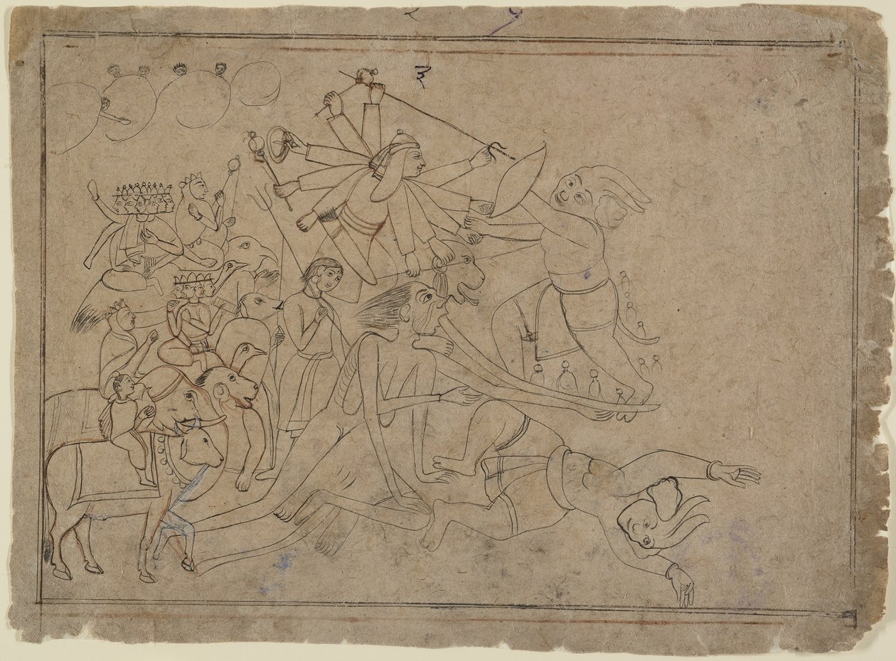 Durga, Kali a matriky bojují s démonem Raktabija: scéna z Devi Mahatmya, Ka. 1780. od Unbekannt