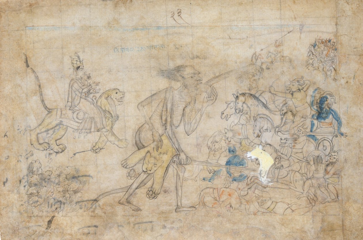 Durga a Kali se blíží ke shromážděným armádám Chandy a Mundy..., ca. 1780. od Unbekannt