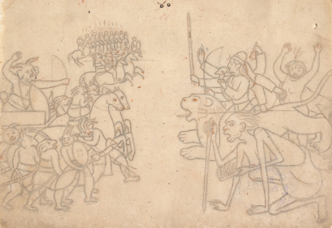 Durga a Kali se blíží ke shromážděným armádám Chandy a Mundy... Devi Mahatmya, kolem roku 1780. od Unbekannt
