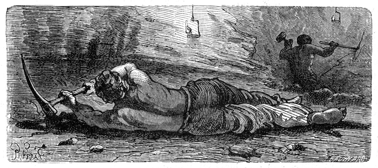 Uhelný horník z počátku 19. století pracující v úzké sloji, c1868. od Unbekannt