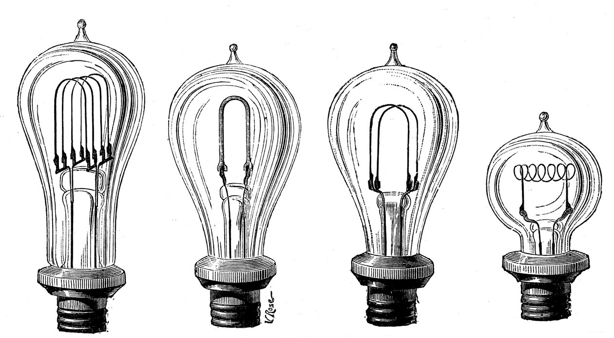 Edisonovy žárovky zobrazující různé formy uhlíkového vlákna, 1883 od Unbekannt