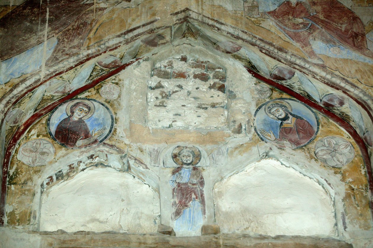 Kostel Saint Macaire. Fresky Blahoslavené Panny a svatého Jana Křtitele přimlouvajícího se u Krista ve prospěch lidstva. Saint Macaire z kláštera Scete nebo Deir Abu Magar nebo Deir Amba Makar, Egypt od Unbekannt